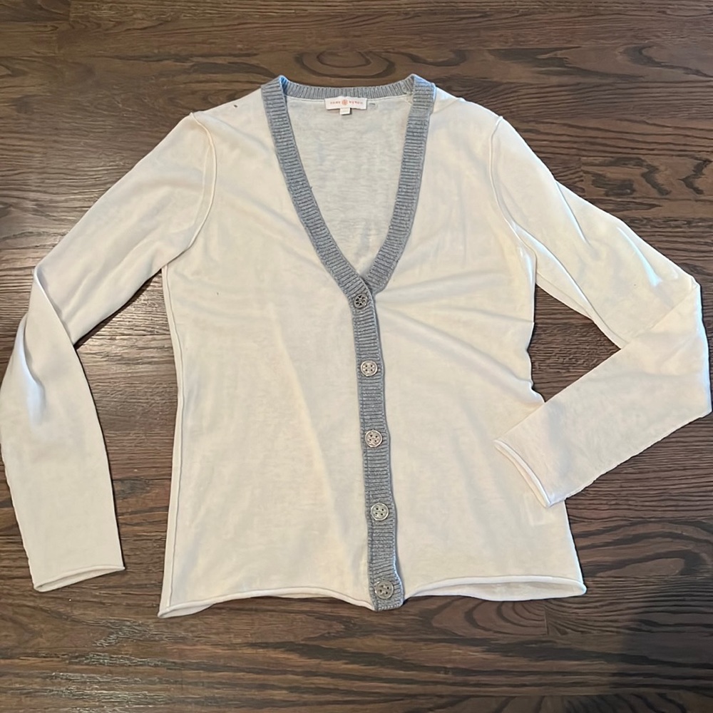 Tory Burch Cashmere Button Cardigan Sweater Cream Grey
